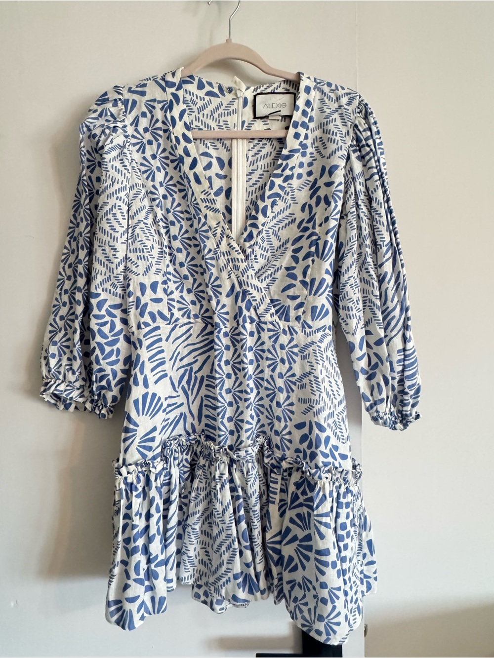Alexis White and Blue Botanical-Print V-Neck Mini Dress
